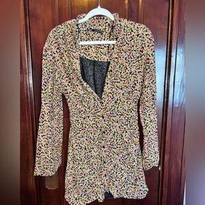 ZARA Long Sleeve Button Front Mini Dress in Pink & Green Ditsy Floral Print